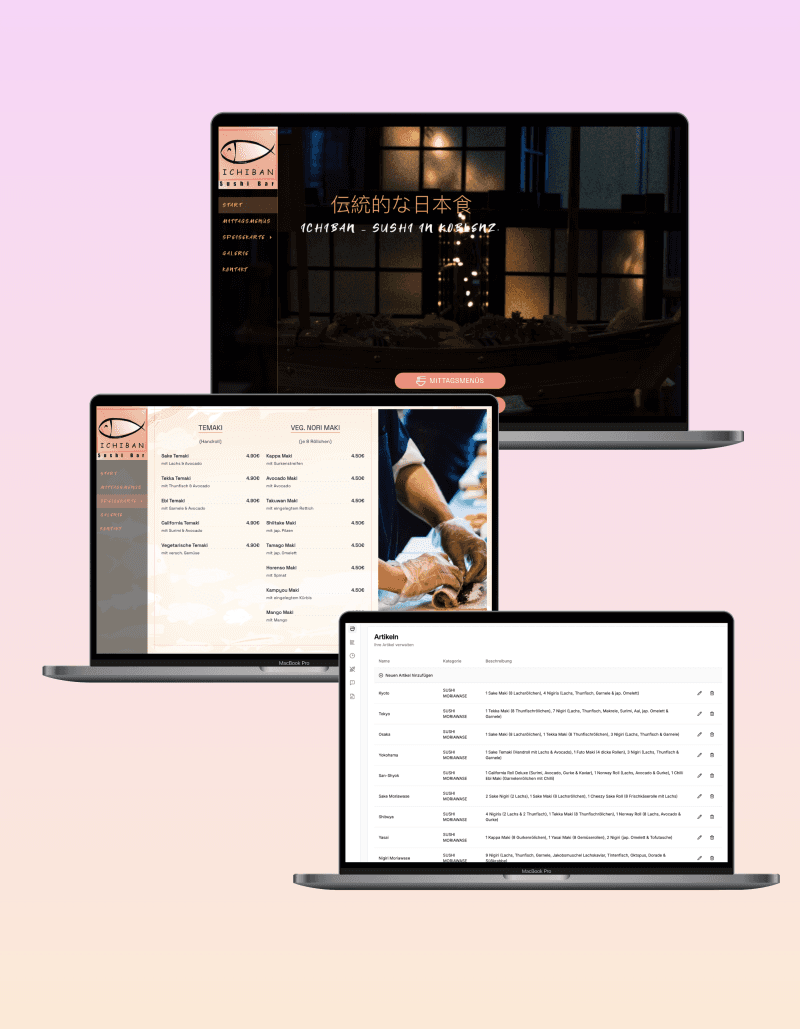 Drei Laptops zeigen die Startseite, die digitale Speisekarte und das Admin-Panel der Ichiban Sushi Bar – mit traditionellem japanischem Design, detaillierter Menüübersicht und Verwaltungsoberfläche für Artikel.