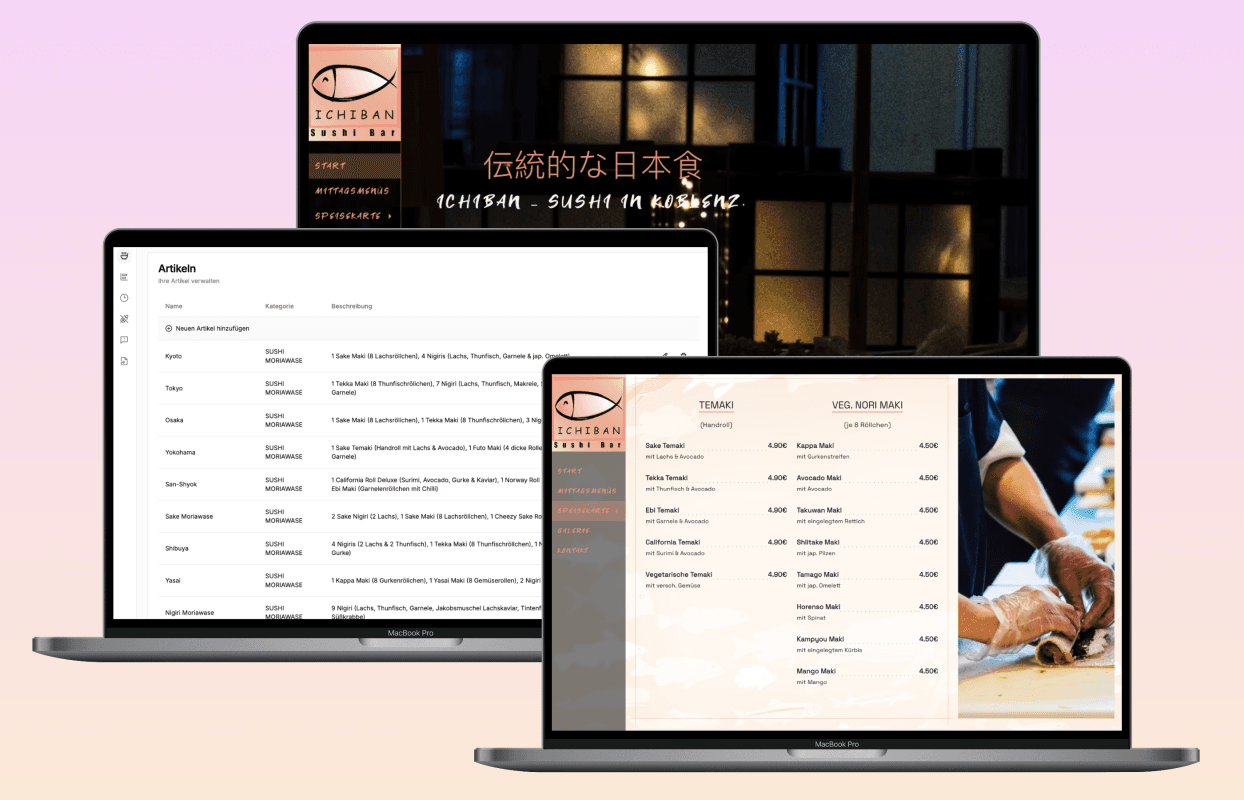 Drei Laptops mit verschiedenen Ansichten der Ichiban-Sushi-Website: Startseite mit japanischem Design, Admin-Oberfläche zur Bearbeitung von Artikeln und digitale Speisekarte mit Sushi-Gerichten.