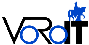 Logo des Unternehmens 'VoRoIT' mit stilisierten blauen Symbolen, darunter ein Pfeil, ein doppeltes Winkelzeichen und ein Reiter auf einem Pferd.