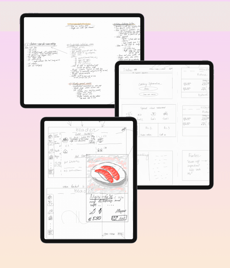 Drei digitale Tablets mit handschriftlichen Notizen, Wireframes und einem farbigen Designentwurf für eine Sushi-Webseite – zu sehen sind grobe Seitenlayouts, Inhaltsideen und ein visualisiertes Sushi-Gericht.