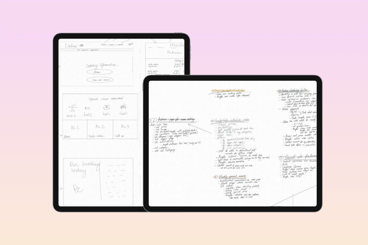 Zwei digitale Tablets mit handschriftlichen Notizen und Skizzen zur Planung einer Website – links ein grobes Wireframe, rechts strukturierte Ideensammlung mit farblich markierten Kategorien.