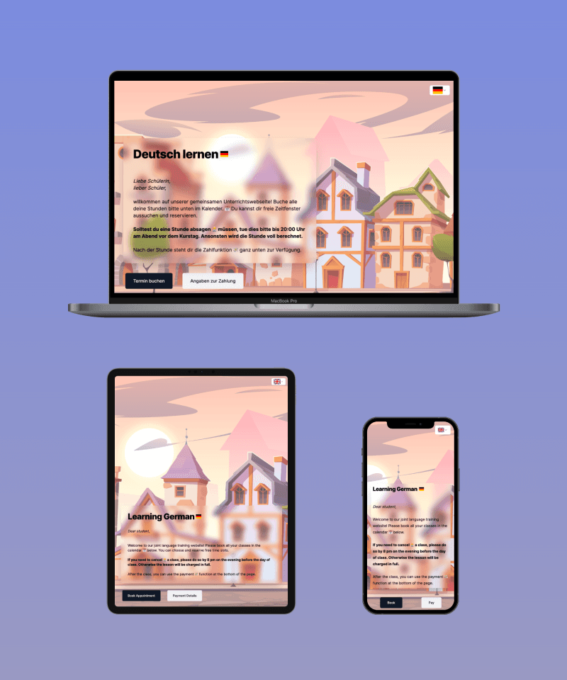 Mehrsprachige Sprachlern-Website zum Deutschlernen, dargestellt auf Laptop, Tablet und Smartphone mit illustriertem Hintergrund von Häusern und Sonnenuntergang.