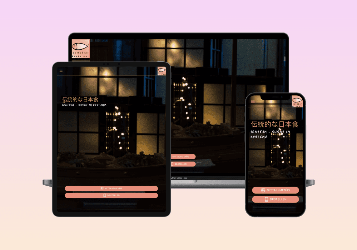Responsives Webdesign der Website eines Sushi-Restaurants auf Laptop, Tablet und Smartphone dargestellt – mit traditionellem japanischem Hintergrund und dem Text ‚Ichiban – Sushi in Koblenz‘.