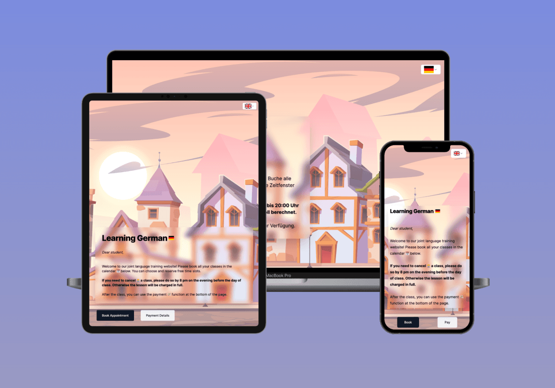 Responsives Design einer Sprachlern-Website zum Deutschlernen, dargestellt auf Laptop, Tablet und Smartphone vor einem illustrierten Hintergrund mit Häusern im Sonnenlicht.