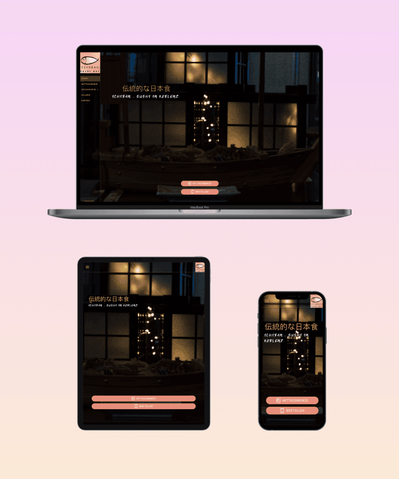 Responsive Darstellung der Website eines Sushi-Restaurants namens Ichiban auf Laptop, Tablet und Smartphone – mit traditionellem japanischem Design und dunkler, stimmungsvoller Beleuchtung.