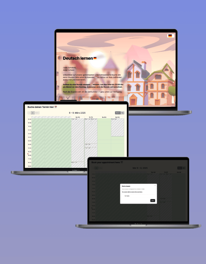 Drei Laptops zeigen verschiedene Ansichten einer Sprachlernplattform zum Deutschlernen – mit Buchungsseite, Kalenderübersicht und Terminbestätigung in deutscher und englischer Sprache.