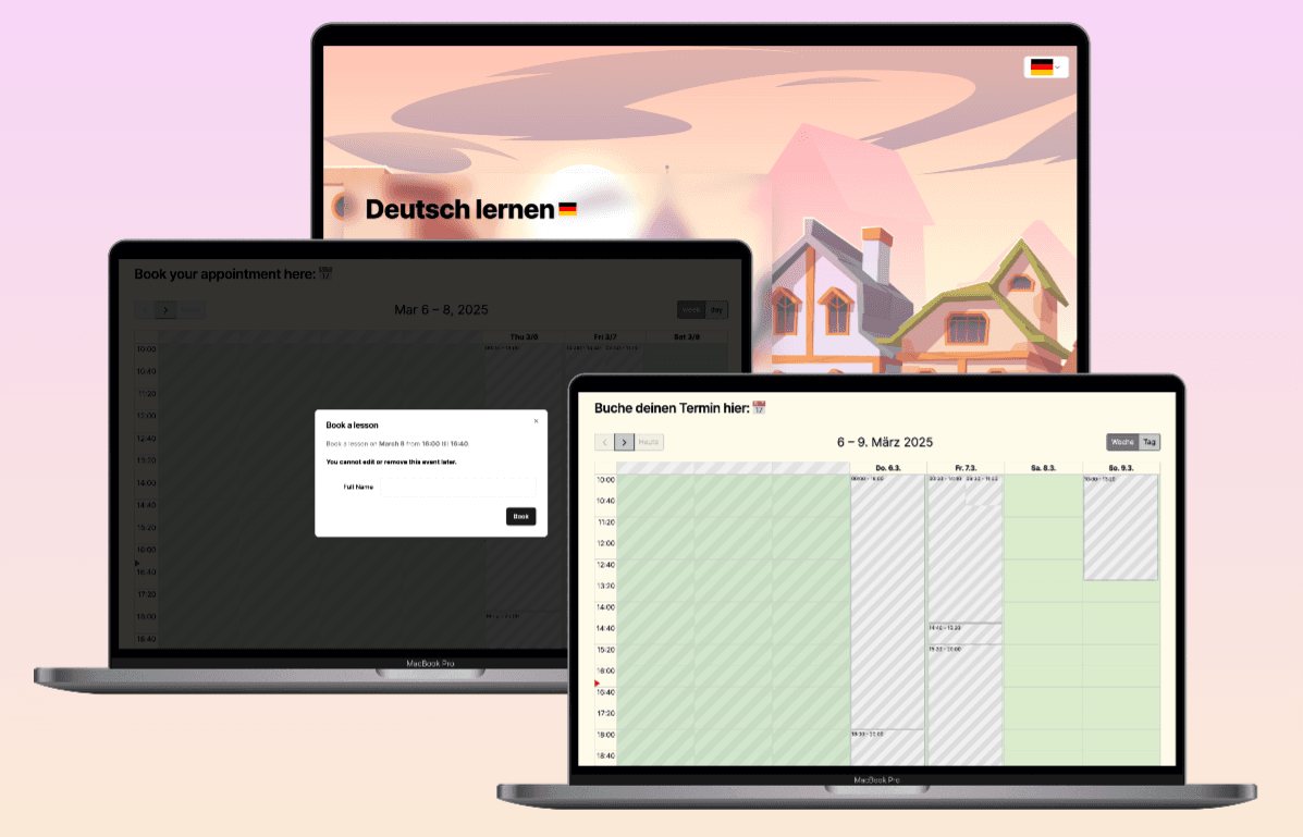 Buchungsansicht einer Sprachlern-Website zum Deutschlernen auf mehreren Laptops, mit Kalenderansicht und Terminbuchung vom 6. bis 9. März 2025 in Deutsch und Englisch.